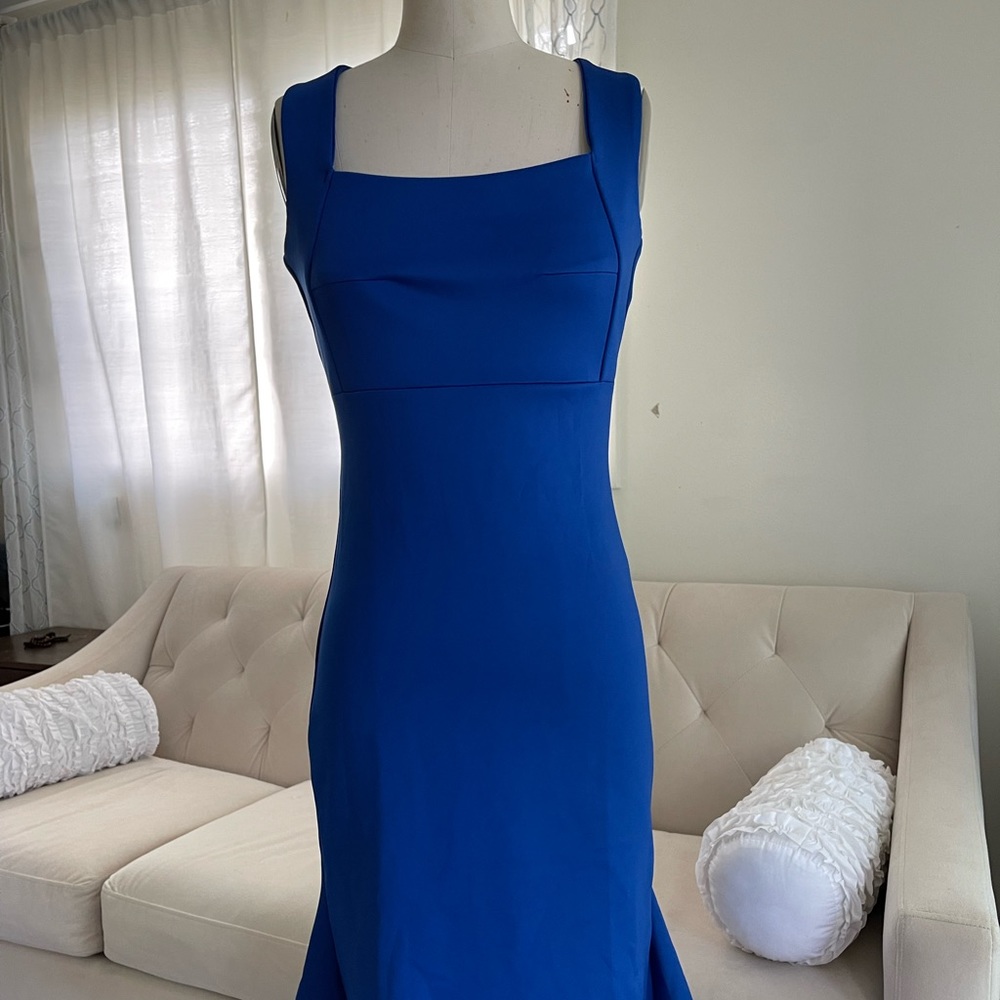 Royal blue racer back flounce hem midi cocktail dress- S